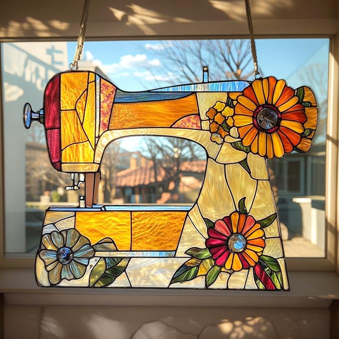 Sewing Machine Acrylic Suncatcher, Boho Suncatchers for Window Hanging Ornament, Stained Glass Effect Art Garden Decor for Sewing Lover, Gifts for Mother's Day, Mom, Grandma, Wife, Women, Nana