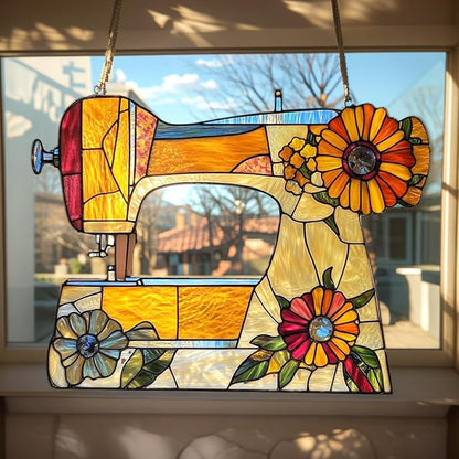 Sewing Machine Acrylic Suncatcher, Boho Suncatchers for Window Hanging Ornament, Stained Glass Effect Art Garden Decor for Sewing Lover, Gifts for Mother's Day, Mom, Grandma, Wife, Women, Nana
