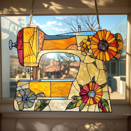 Sewing Machine Acrylic Suncatcher, Boho Suncatchers for Window Hanging Ornament, Stained Glass Effect Art Garden Decor for Sewing Lover, Gifts for Mother's Day, Mom, Grandma, Wife, Women, Nana