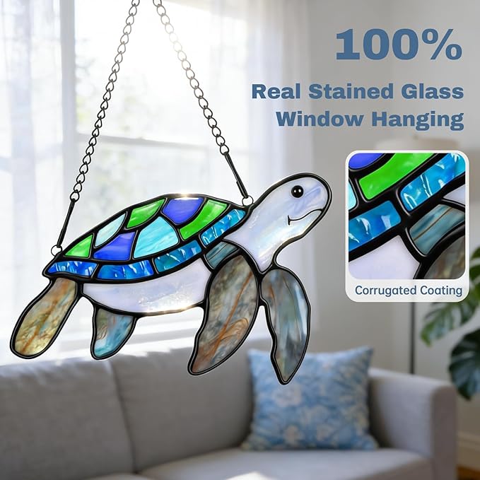 Sea Turtle Suncatcher Decor,Handmade Stained Glass Window Hanging Ornament,Spring Summer Home Decor for Indoor Outdoor,Mother's Day Housewarming Gifts for Turtle Lovers