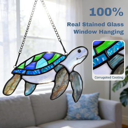 Sea Turtle Suncatcher Decor,Handmade Stained Glass Window Hanging Ornament,Spring Summer Home Decor for Indoor Outdoor,Mother's Day Housewarming Gifts for Turtle Lovers