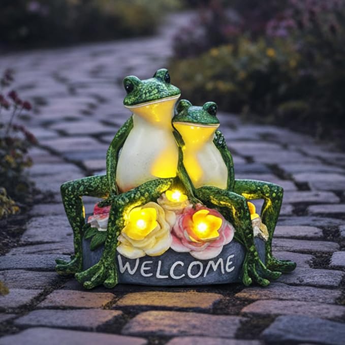 Solar Frog Garden Statues Outdoor Decor - 5.5" Resin Frog Figurine with Welcome Sign, Waterproof Yard Art Ornament for Patio Lawn Porch, Unique Housewarming Birthday Gifts for Women Mom Grandma