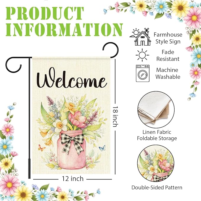 Welcome Spring Garden Flag for Outside,Mason Jar Spring Flowers Garden Flag Yard Lawn Porch Flags for Outdoor Decorations 12x18 Inch Double Sided