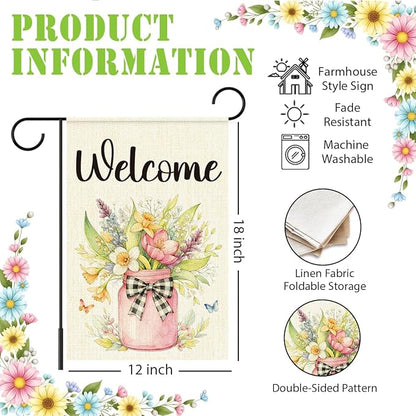 Welcome Spring Garden Flag for Outside,Mason Jar Spring Flowers Garden Flag Yard Lawn Porch Flags for Outdoor Decorations 12x18 Inch Double Sided
