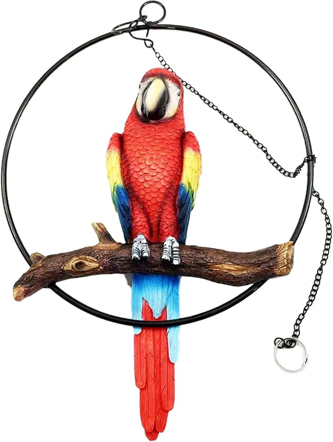 Ebros Patio Home Garden Hanging Scarlet Macaw Parrot Perching on Branch in Metal Round Ring Figurine Sculpture Nature Lovers Tropical Bird Collectors Decor 13.5" H