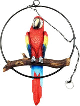 Ebros Patio Home Garden Hanging Scarlet Macaw Parrot Perching on Branch in Metal Round Ring Figurine Sculpture Nature Lovers Tropical Bird Collectors Decor 13.5" H