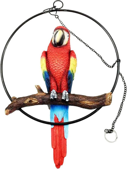 Ebros Patio Home Garden Hanging Scarlet Macaw Parrot Perching on Branch in Metal Round Ring Figurine Sculpture Nature Lovers Tropical Bird Collectors Decor 13.5" H