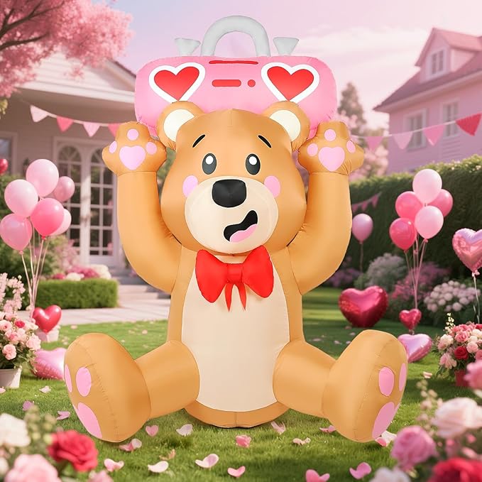 Valentine’s Day Inflatables Outdoor Decorations, 6FT Inflatable Bear Holds a Boombox with LED Lights, Valentines Blow Up Yard Decoration for Valentine Holiday Lawn Garden Indoor Outdoor Decor