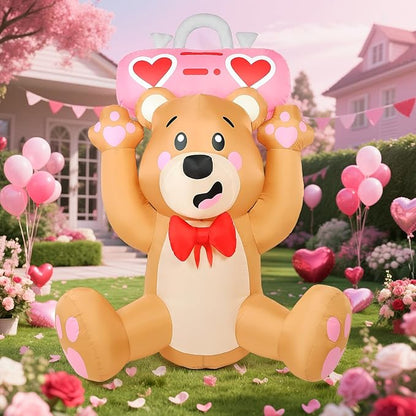 Valentine’s Day Inflatables Outdoor Decorations, 6FT Inflatable Bear Holds a Boombox with LED Lights, Valentines Blow Up Yard Decoration for Valentine Holiday Lawn Garden Indoor Outdoor Decor