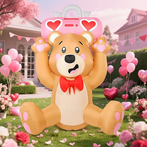 Valentine’s Day Inflatables Outdoor Decorations, 6FT Inflatable Bear Holds a Boombox with LED Lights, Valentines Blow Up Yard Decoration for Valentine Holiday Lawn Garden Indoor Outdoor Decor