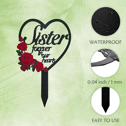 AIM & GGKK Memorial Stake for Sister - Metal Heart Grave Marker with Red Roses, Memorial Plaque Cemetery Decor for Grave, Garden, Gravesite