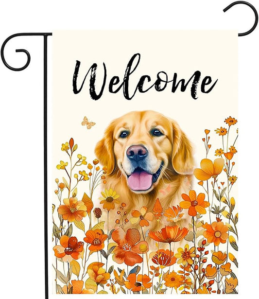 Floral Golden Retriever Garden Flag Fall Yard Flag Wildflower Dog Garden Flags Orange Autumn Lawn Flags Welcome Thanksgiving Outdoor Flags for Outside 12x18 Double Sided Small