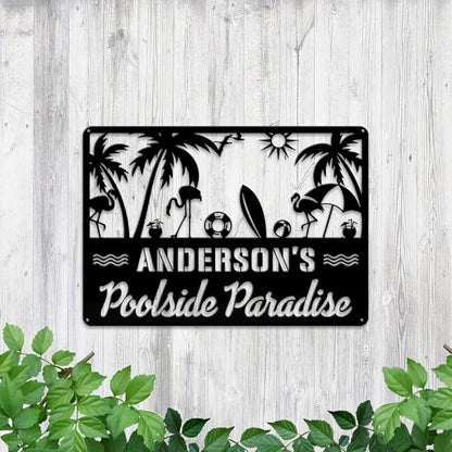 MeMate Outdoor Decor - Personalized Metal Sign for Pool, Patio, Porch, Deck - Flamingo Large Sign for Outside - Housewarming Gift