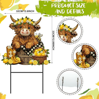 Amyhill Lemon Highland Cow Outdoor Decor Summer Lemon Garden Metal Stakes Decorative Highland Calf Lovers Yard Signs with Stakes for Summer Farmhouse Holiday Garden Lawn Decor