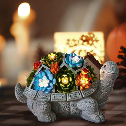 LESES Solar Garden Statues Turtle Figurine Decor with 7 LED Lights Outdoor Decoration Christmas Gifts for Women Mom Grandma Unique Tortoise Statue for Patio Backyard Yard Lawn Ornament