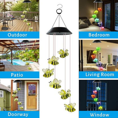 Solar Wind Chimes, Bee Wind Chimes Gifts for Mom Grandma Women Wife Girls, IP65 Waterproof Hanging Memorial Windchimes with 7 Color Changing LED Lights for Outside Garden Yard Decorations