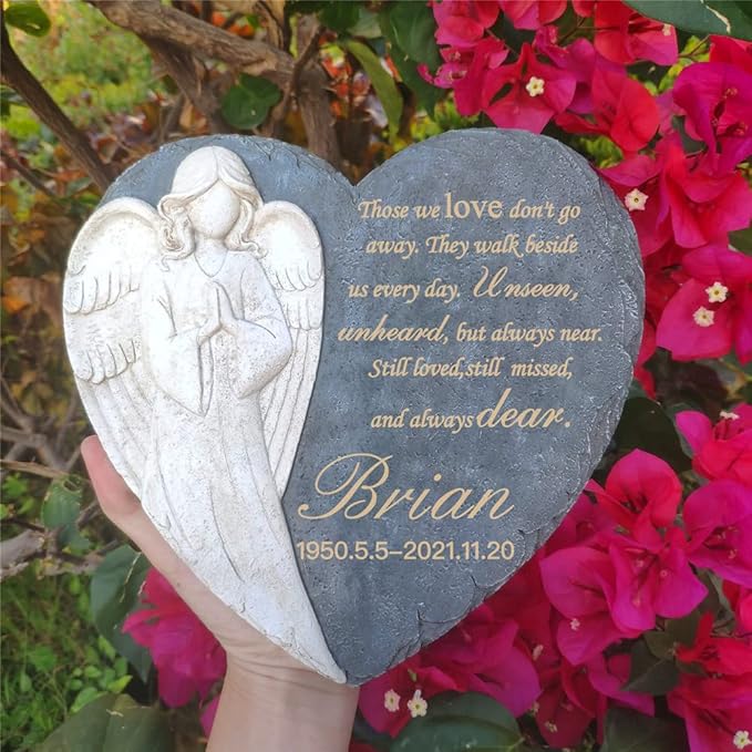 Personalized Garden Memorial Stones for Loved Ones Outside, Angel Memorial Stones Plaques Engraved with Name - Customized Grave Plaques Headstones for Cemetery(Heart)