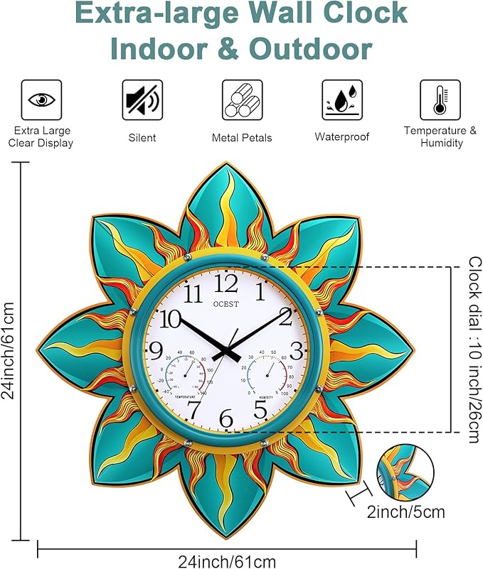 OCEST 24 Inch Outdoor Clock, Waterproof with Thermometer and Hygrometer Combo, Silent No-Ticking Outdoor Wall Clocks, Quartz Clock for Patio Garden Flame Petal