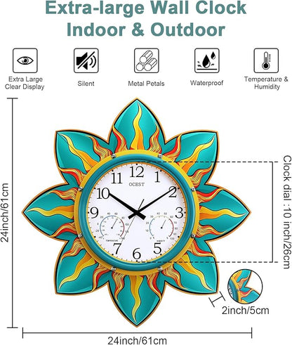 OCEST 24 Inch Outdoor Clock, Waterproof with Thermometer and Hygrometer Combo, Silent No-Ticking Outdoor Wall Clocks, Quartz Clock for Patio Garden Flame Petal