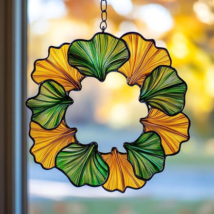 Ginkgo Wreath Acrylic Suncatcher Stained Glass Effect Window Car Hanging Christmas Ornament Indoor Outdoor Decor Garden Sun Catcher Panel for Acrylic Suncatcher Lover for Women Mom Grandma
