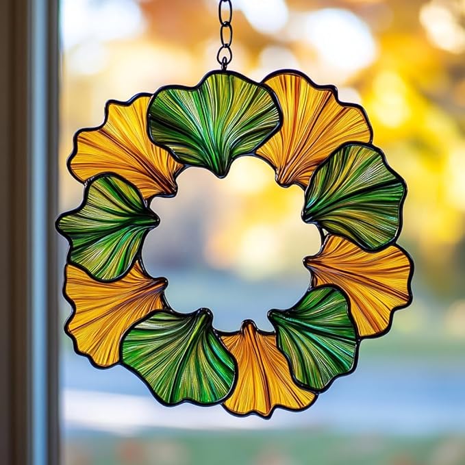 Ginkgo Wreath Acrylic Suncatcher Stained Glass Effect Window Car Hanging Christmas Ornament Indoor Outdoor Decor Garden Sun Catcher Panel for Acrylic Suncatcher Lover for Women Mom Grandma