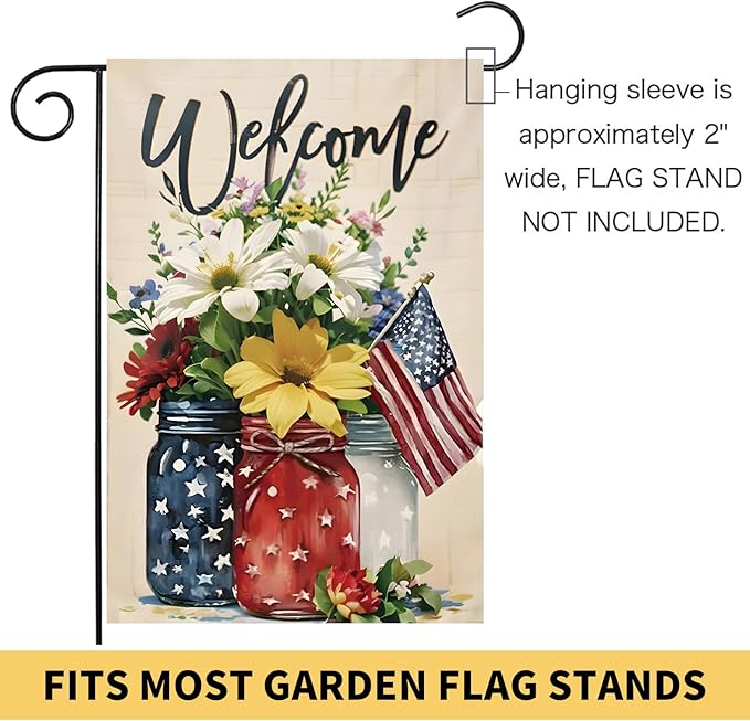 4th of July Mason Jar Flowers Summer Garden Flag 12x18, Patriotic Celebration Double-Sided Decorative Burlap Yard Flag for Memorial Day Independence Day Outside Decoration Holiday Festivities