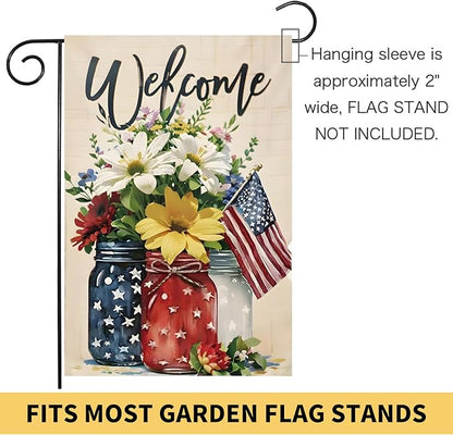 4th of July Mason Jar Flowers Summer Garden Flag 12x18, Patriotic Celebration Double-Sided Decorative Burlap Yard Flag for Memorial Day Independence Day Outside Decoration Holiday Festivities