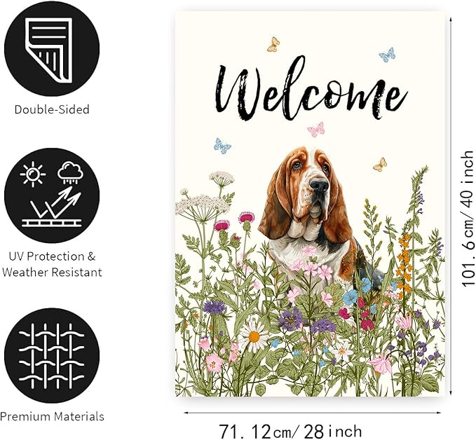 Floral Basset Hound Garden Flag Spring Summer House Flags 28 x 40 Double Sided Flower Dog Yard Flags for Outside Large Outdoor Welcome Flags