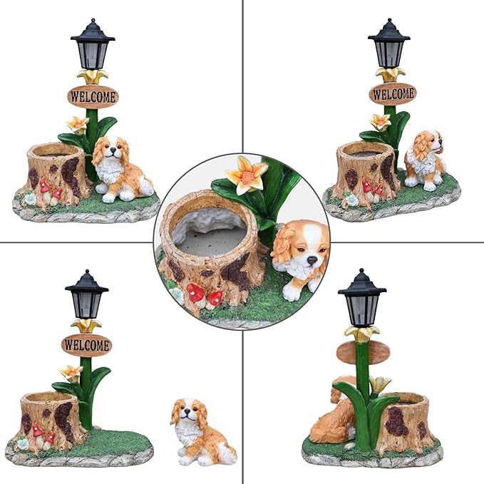 20" Solar Cavalier King Charles Spaniel Garden Statue with Welcome Sign & Planter - Large Dog Sculpture with LED Street Lantern - Weatherproof Resin Tree Stump Flower Pot for Porch, Yard & Patio