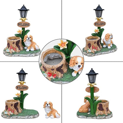 20" Solar Cavalier King Charles Spaniel Garden Statue with Welcome Sign & Planter - Large Dog Sculpture with LED Street Lantern - Weatherproof Resin Tree Stump Flower Pot for Porch, Yard & Patio