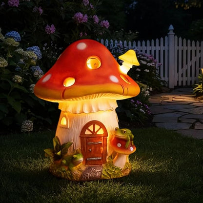 Mushroom Solar Lights Outdoor Decor：Fairy Garden House Outside Decorations Yard Art Resin Led Cute Statue Lawn Ornament Frog Figurines Gift for Housewarming Gardener Birthday