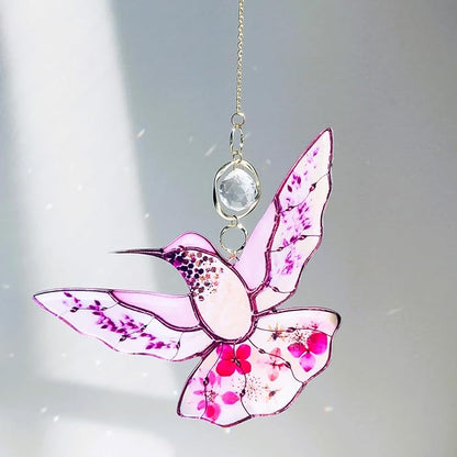 Pink Acrylic Hummingbird Flowers Garden Suncatcher Window Hanging Crystal Prism Rainbow Maker Sun Catcher Ornaments Birthday Christmas Thanksgiving Gifts for Mom Grandma Sister Birds Lovers