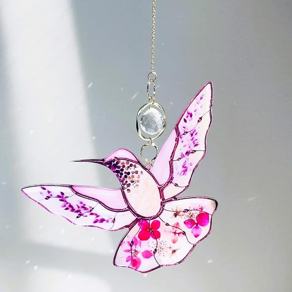 Pink Acrylic Hummingbird Flowers Garden Suncatcher Window Hanging Crystal Prism Rainbow Maker Sun Catcher Ornaments Birthday Christmas Thanksgiving Gifts for Mom Grandma Sister Birds Lovers