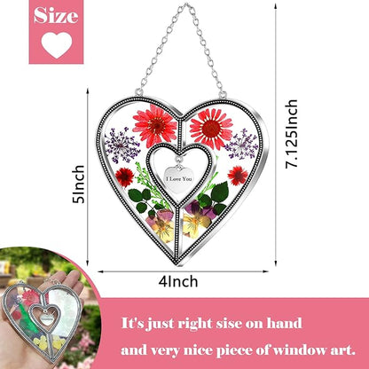 KY&BOSAM Heart Suncatchers I Love You Stained Glass Hangings for Windows Suncatcher Birthday Gifts for Women Mothers Valentine`s Day Real Flower Glass & Metal Maker for Christmas Party Home Decor