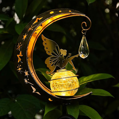 LOVERUIS Solar Garden Lights Outdoor Fairy Moon Lamp Waterproof Moon Garden Solar Light with Crackle Glass Ball LED Stake Lights Angel Decorative for Grave Balcony Lawn Patio Pathway