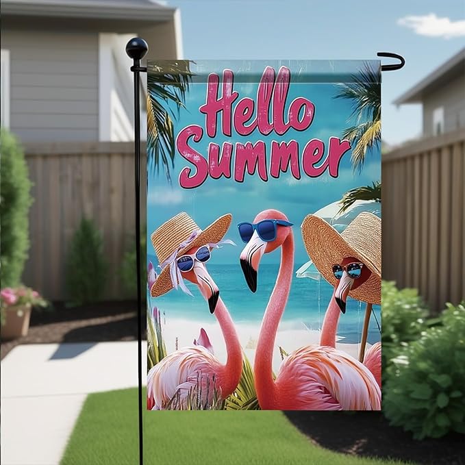 Summer Garden Flag 12x18 Inch Flamingo Hello Summer Tropical Beach Ocean Palm Tree Design Outdoor Yard Porch Lawn Patio Poolside for Seasonal Coastal Farmhouse Home Decor