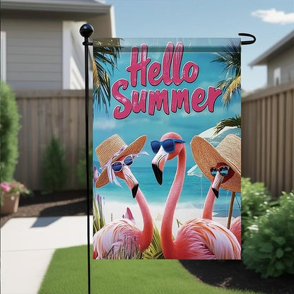 Summer Garden Flag 12x18 Inch Flamingo Hello Summer Tropical Beach Ocean Palm Tree Design Outdoor Yard Porch Lawn Patio Poolside for Seasonal Coastal Farmhouse Home Decor