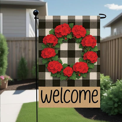 Buffalo Plaid Welcome Wreath Garden Flag Red Geranium Flower Flag 12x 18 Inch Double Sided Spring Outdoor Fall Autumn Farmhouse Outdoor Small Decor for Porch Lawn Patio Yard