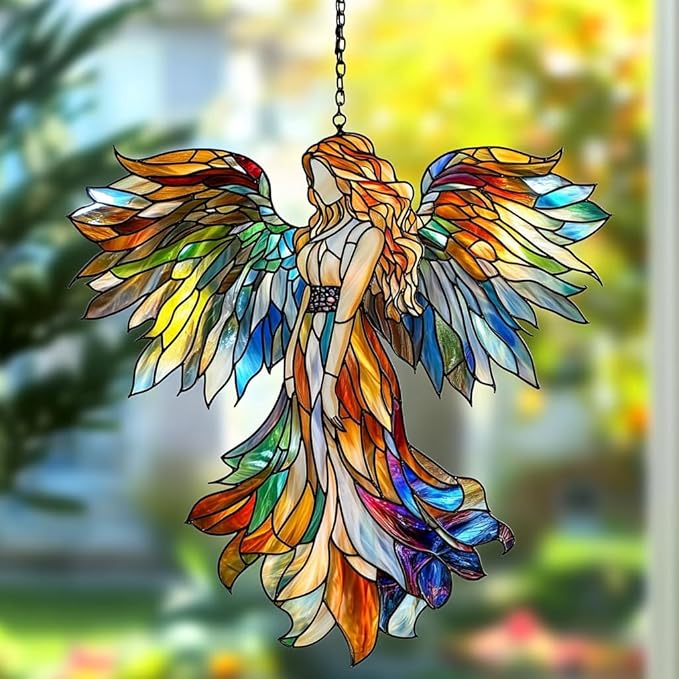 Rainbow Angel Tiffany Style Acrylic Suncatcher Stained Glass Effect Window Car Hanging Christmas Ornament Indoor Outdoor Decor Garden Sun Catcher Panel for Angel Lover for Women Mom Grandma