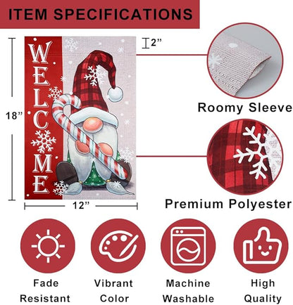 hogardeck Welcome Christmas Garden Flag, Gnome & Candy Polyester Outdoor Christmas Decorations, 12x18 Inch Vertical Double Sided Yard Flag, Snowflake Xmas Decor