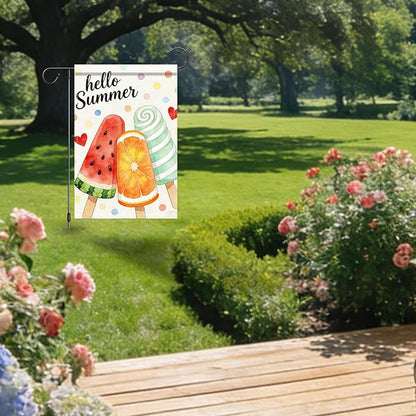Nuxovilar Summer Garden Flag Hello Summer Popsicle Watermelon Orange Pattern Polyester 12x18 Inches Garden Flags for Outside Colorful Decor Yard Porch Lawn
