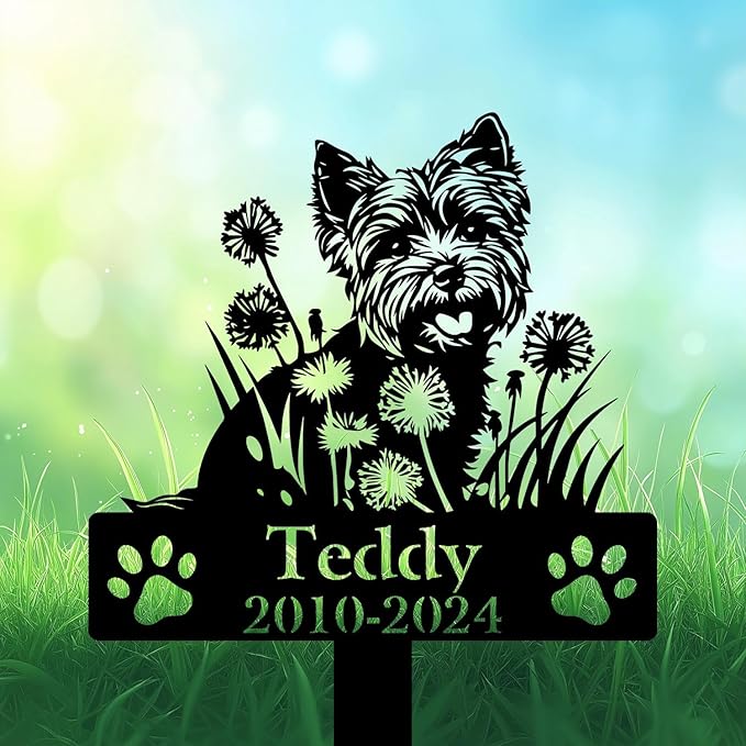 Personalized Yorkshire Terrier Grave Marker, Yorkie Dandelion Flowers Memorial Garden Stake, Yorkshire Terrier Memorial Gift, Loss of Yorkie, Outdoor Pet Headstone, Dog Burial Stake