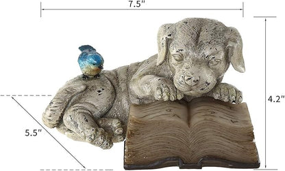 Topadorn Resin Dog Statue Solar Power Outdoor Statuary Cute Puppy for Garden Decoration, Dog Read a Book