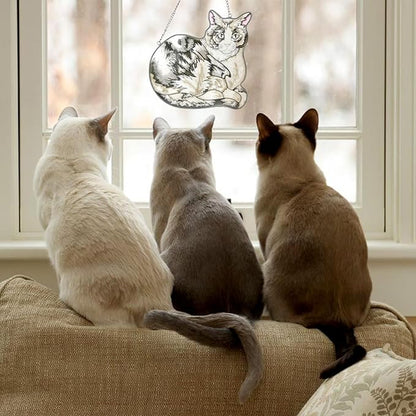 Cat Stained Glass Window Hangings Panel Sun Catcher Wall Art Home Garden Indoor Farmhouse Decor Gifts Pet Loss Memorial Kitty Lover