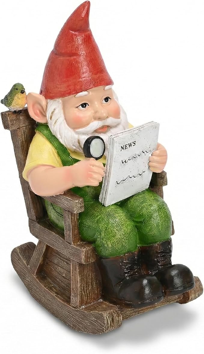 TERESA'S COLLECTIONS Garden Outdoor Decor,Gnomes Sitting in a Rocking Chair Reading a Newspaper，Gnomes Garden Decor, Waterproof Resin Garden Statue, Garden Gift, Indoor/Outdoor,7.9"