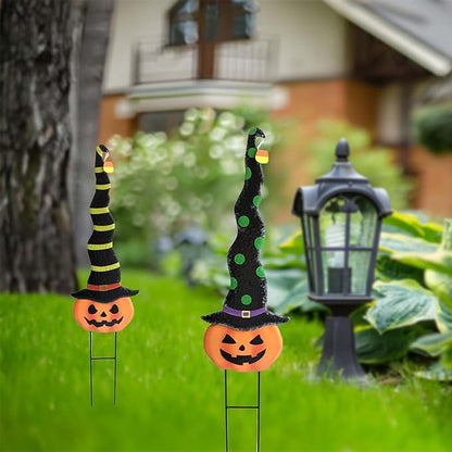 2 Pack Halloween/Thanksgiving Garden Decorations, Metal Jack-O-Lantern Yard Stakes with Witch Hats, Scary Yard Sign Outdoor Lawn Decor, Metal Pumpkin Art Garden Stake,Garden Sculpture Ornament