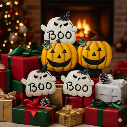 Metal Halloween Yard Stakes, Halloween Decorations Outdoor with Ghost Pumpkin, Jack-o-Lantern Stacked Garden Stakes Lawn Gift for Party Pathway Porch Patio Decor, 25“