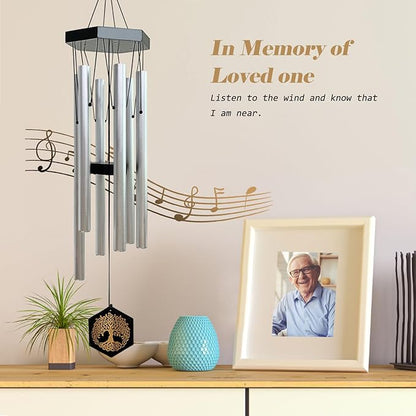 33" Tree of Life Memorial Wind Chimes | Elegant Silver Sympathy Wind Chime for Loss of Loved One, Tranquil Deep-Tone Windchimes, Outdoor Hanging Garden Decor