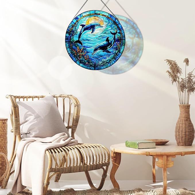 RIVEENY Dolphin Stained Glass Window Hangings,Dolphin Suncatchers for Windows Wall Hanging Christmas Decoration Ornament Housewarming Birthday Gift 20cm/7.87inch