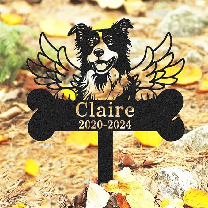 Personalized Border Collie Dog Memorial Stake Metal Engraved Sign Grave Marker with Wings, Custom Dog Statue Memorial Plaque Border Collie Outdoor Cemetery Garden Stake Yard Sign with Bone